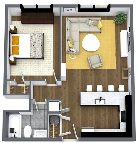 Floor plan for 1 bed, 1 bath, 691 sqft